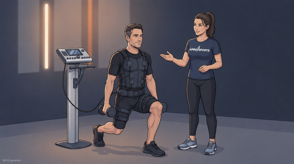Trainierender in EMS-Weste macht einen Ausfallschritt mit Kurzhanteln, Trainerin daneben, Miha-Bodytec-Gerät im Studio Zehlendorf